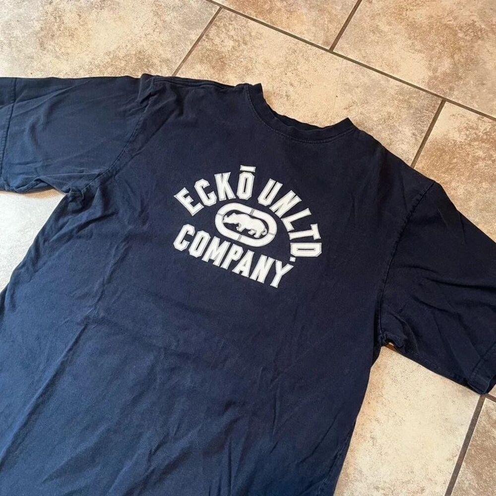 Vintage navy blue Eckō Unltd. rhino logo and a back "72" size XLT
